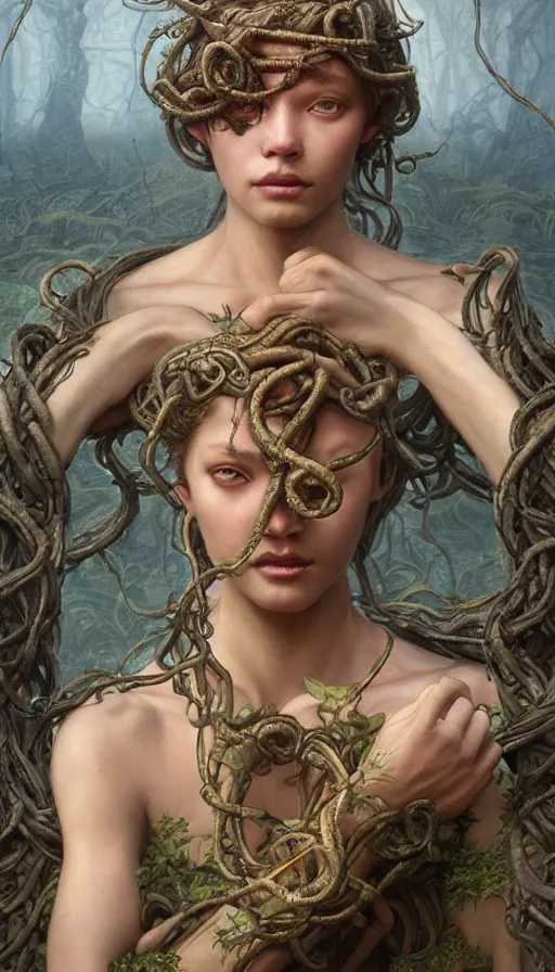 Image similar to epic masterpiece medusa, sweaty skin, hyperrealistic, octane render, cinematic, beautiful face and flawless skin, perfect hands, 5 fingers, by Edgar Maxence and Ross Tran and Michael Whelan, Legends of Runeterra