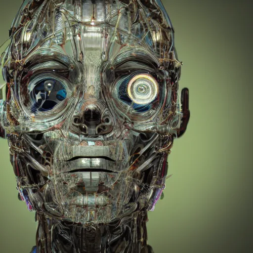 Prompt: very detailed portrait 55mm photo of a mechanical head without skin, with crystal bones and optic fiber nerves, gears in his head and cybernetic enhancements. Has cameras for eyes. In the forest with bokeh. Ray tracing and tessellation. Very sharp high detailed 8k image