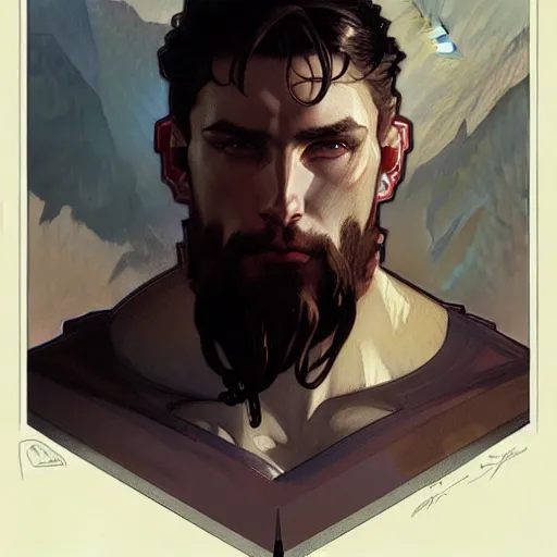 Image similar to portrait of depressed chad, male, muscular, handsome D&D, concept art, art by Greg Rutkowski and Alphonse Mucha