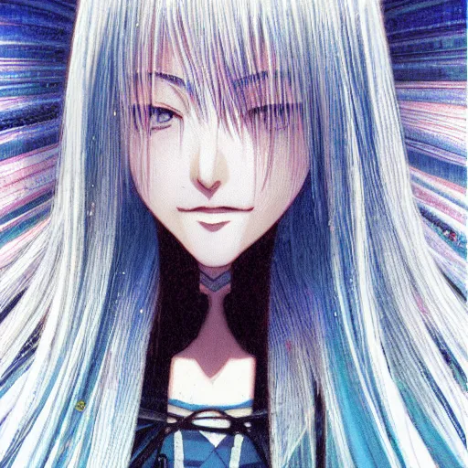 Image similar to “ realistic portrait of an anime girl with white hair, noisy film grain texture, three quarter angle, yoshitaka amano color palette ”