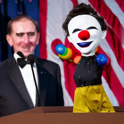 Image similar to string puppet of a president with clown makeup in a podium and a human shadow behind