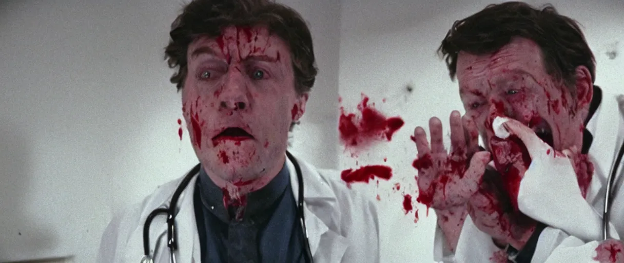 Prompt: filmic dutch angle movie still 4k UHD 35mm film color photograph of a screaming horrified doctor looking down at his wrist, his hand has been cut off, blood is gushing from the wound