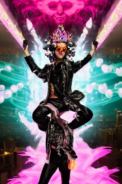 Image similar to full-body rococo and cyberpunk style neon statue of a muscular attractive Sean Mendezz wearing cholo shades macho dotado e rico android sim roupa reclining con las piernas abertas e la piroca dura, ethereal white dripping tar, glowing orange lasers, pink tigers, glowing eyes, silver prince crown, black gears, pink diamonds, swirling mint-colored silk fabric. futuristic elements. full-length view. human skulls. large intricate artwork by caravaggio. Trending on artstation, octane render, cinematic lighting from the right, hyper realism, octane render, 8k, depth of field, 3D