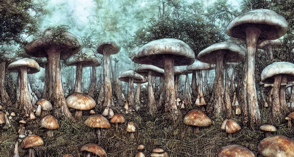 Prompt: A tribal village in a forest of giant mushrooms, by Luis Royo,