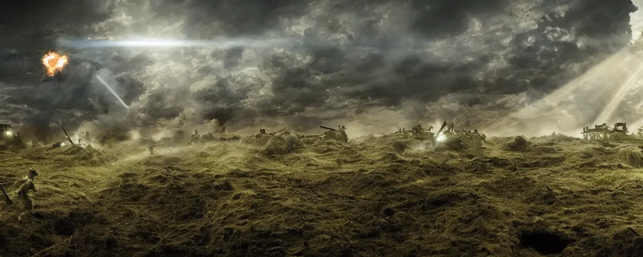 Image similar to natural looking fight landscape of ww 1 trenches, with green gas spreading across land, soldiers are attacking fighting with resistance aliens, futuristic tank is on fire, ground explosion in the background, alien mothership in the sky, hyper realistic, highly detailed, dramatic lighting, raytarced, god rays, 4 k, 8 k, matte painting