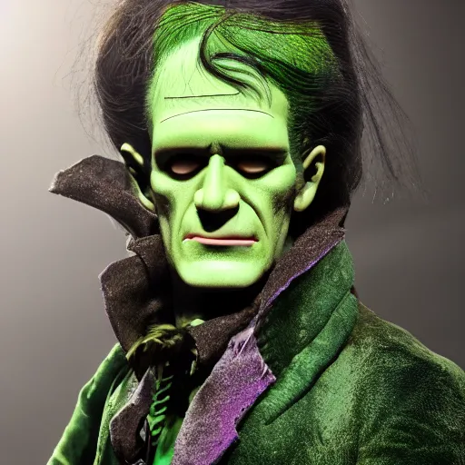 Image similar to frankenstein in green and purple, detailed skin, shiny jewels, professional make up, elvis hair style, created by the make up artist hungry, photographed by andrew thomas huang, cinematic, expensive visual effects