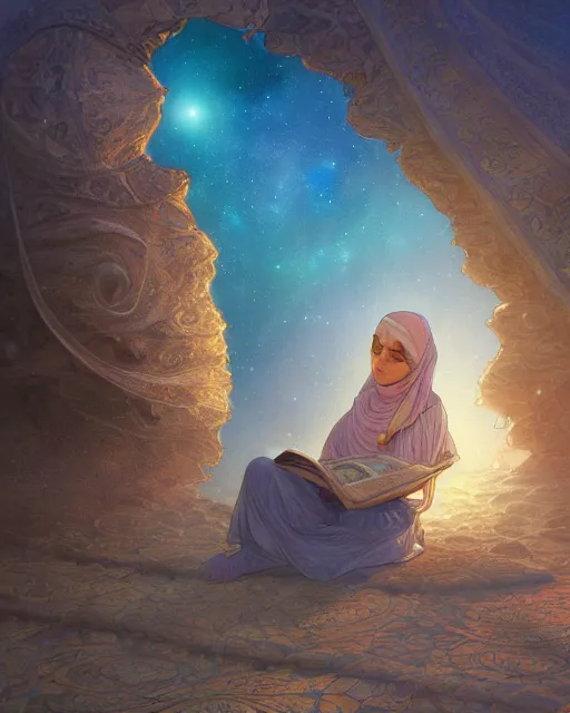 Image similar to an open quran on an old stone in the desert surrounded by nebula, highly detailed, gold filigree, romantic storybook fantasy, soft cinematic lighting, award, disney concept art watercolor illustration by mandy jurgens and alphonse mucha and alena aenami, pastel color palette, featured on artstation