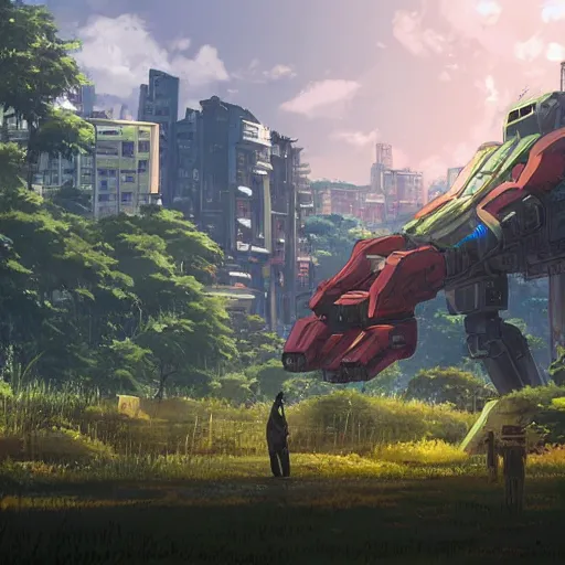 Prompt: A giant robot in city ruins overtaken by vegetation in anime style highly detailed by Makoto Shinkai and Raphael Lacoste