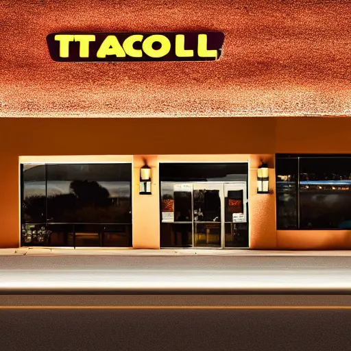 Image similar to cinematic fill still of a Taco Bell in the desert, Sigma 500mm f/5 shot from a far at night