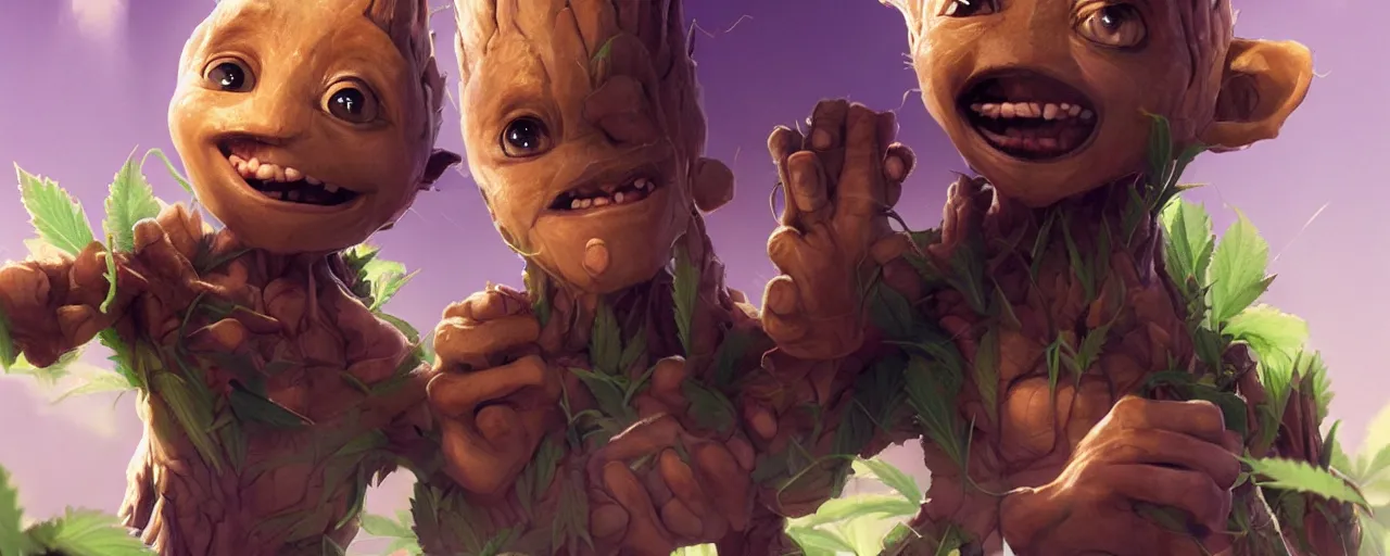 Image similar to portrait smiling round cute face cannabis!!, big eyes, marijuana!, baby groot, realistic shaded perfect face, cinematic volumentric lighting, jim cheung, david marquez, mike deodato jr, behance hd by jesper ejsing, by rhads, hyper detailed, octane render, concept art, artstation