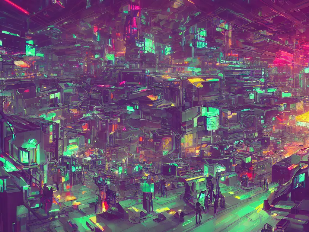 Image similar to cyberpunk factory filled with drone workers, busy, colorful, beautiful, ornate, trending on artstation, award winning painting, glitchwave, vaporwave