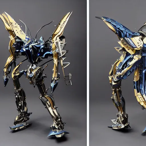 Image similar to shark mobile suit shark mecha sapphire mechanical exoskeleton wearing hardsurface armour, inlaid with gold rococo, bladed wings lace wear, sculpted spider zero, frank gehry, stephan martiniere, missle turrets, hyper detailed, custom mecha # frank gehry # spider zero