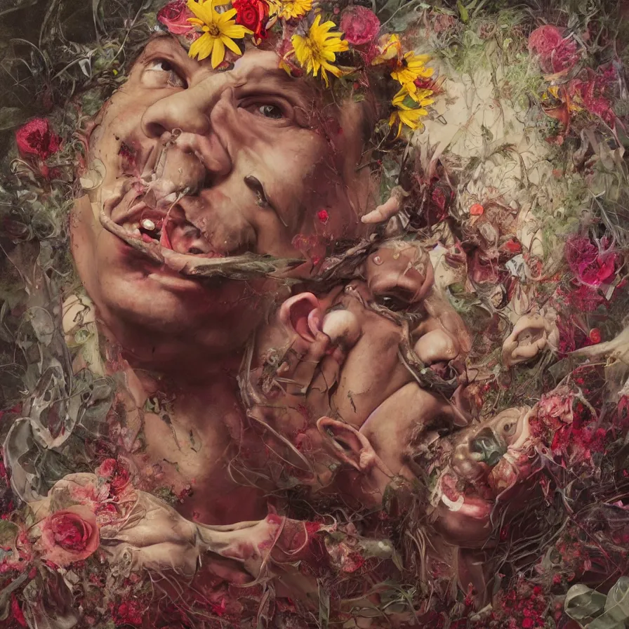 Prompt: male portrait of todd solondz eating babies and puking blood, surrounded by flowers by francis bacon, karol bak, james jean, tom bagshaw, rococo, trending on artstation, cinematic lighting, hyper realism, dramatic, emotional, octane render, 8 k, hyper detailed.