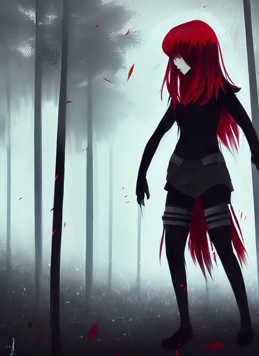 Prompt: red haired japanese girl in light black armor, midfigure front, grey forest background, by ismail inceoglu