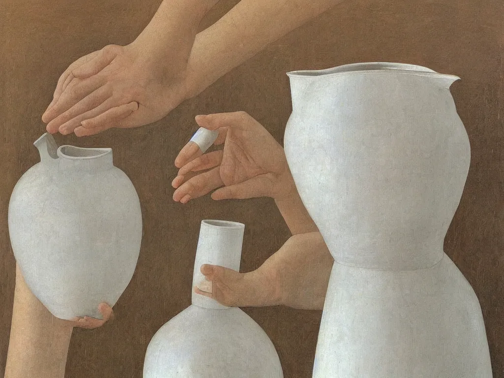 Image similar to Close up of delicate hands holding a water jug. Painting by Alex Colville, Piero della Francesca