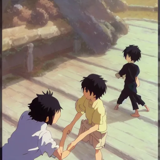 Prompt: Children fighting over a cake, by Dice Tsutsumi, Makoto Shinkai, Studio Ghibli