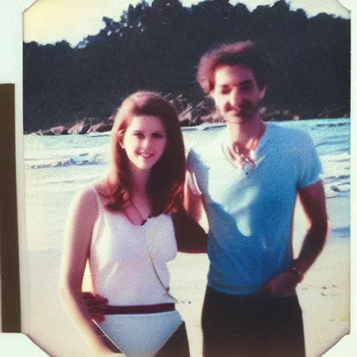 Prompt: found polaroid of my parents at the beach who look exactly like Anna Kendrick and Roger Federer