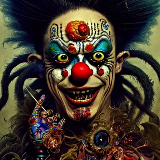 Image similar to uhd photorealisitc authentic psychotic madman wearing ornate clown costume and intricate voodoo makeup, intricate details, vivid colors, frightening surroundings, correct details, in the style of amano, karol bak, akira toriyama, and greg rutkowski