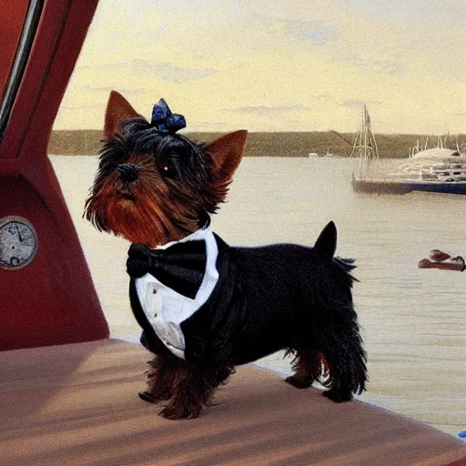 Image similar to a Yorkshire terrier wearing a black bow tie on a yacht, extremely detailed masterpiece, illustration, by Michael Sowa,