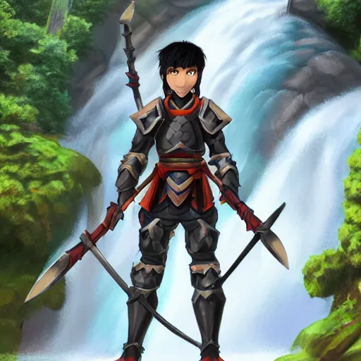 Image similar to a skinny tan 1 0 year old half - asian boy with dark anime hair riding a hippo wearing armor down a waterfall with a large sword in one hand and a shield in the other hand, photorealistic, skinny face, strong muscle tone