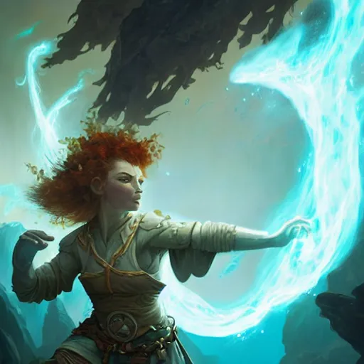 Image similar to a female fantasy halfling hobbit fistfighter, speaking to her glowing goddess of mist and light, flowing robes and leather armor, detailed dynamic light painting by peter mohrbacher and albrecht anker