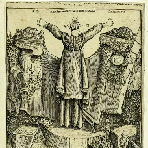 Image similar to a overhead view of a man in castle in the jungle getting praised and fanned by angels with fruits, etching, detailed, golden furniture, nuremberg chronicle,