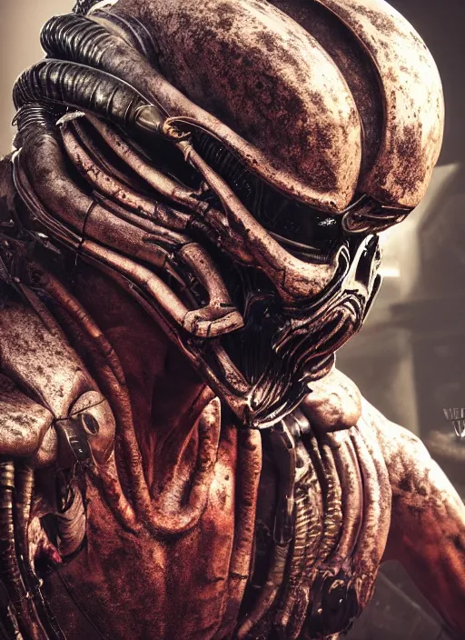 Image similar to a photorealistic dramatic hyperrealistic render of predator the alien hunter, ultra realistic details, well worn, rust, oil stains designed by vitaly bulgarov and mike nash, beautiful dramatic dark moody tones and lighting, cinematic atmosphere, studio lighting, global illumination, shadows, dark background, octane render, 8 k