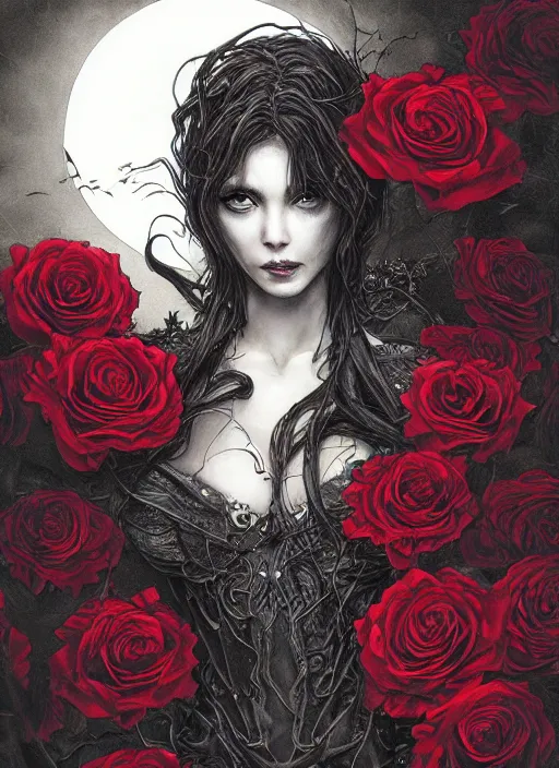 Image similar to portrait, A beautiful dark witch in front of the full big moon, book cover, red roses, red white black colors, establishing shot, extremly high detail, foto realistic, cinematic lighting, pen and ink, intricate line drawings, by Yoshitaka Amano, Ruan Jia, Kentaro Miura, Artgerm, post processed, concept art, artstation, matte painting, style by eddie, raphael lacoste, alex ross