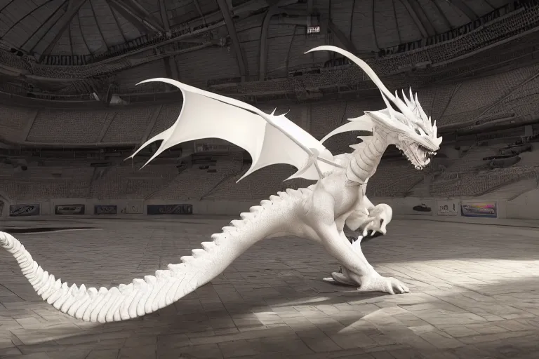 Image similar to the white dragon in the sports arena, octane render, realistic, unreal engine 5, raytracing, trending on artstation