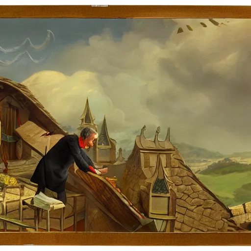 Prompt: a nervous rich mayor gambling his roof for a discouraged goat, art, matte painting,