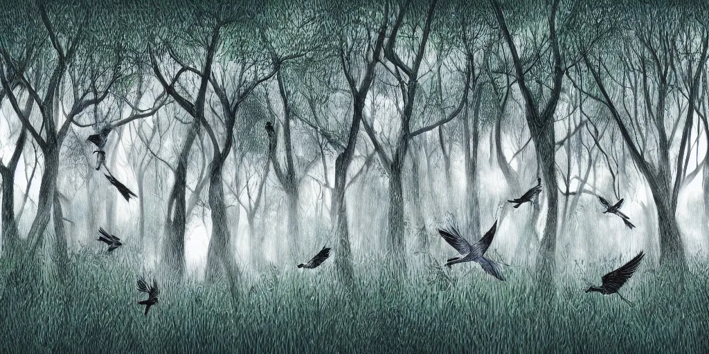 Image similar to very detailed digital art of birds singing songs in a beautiful forest
