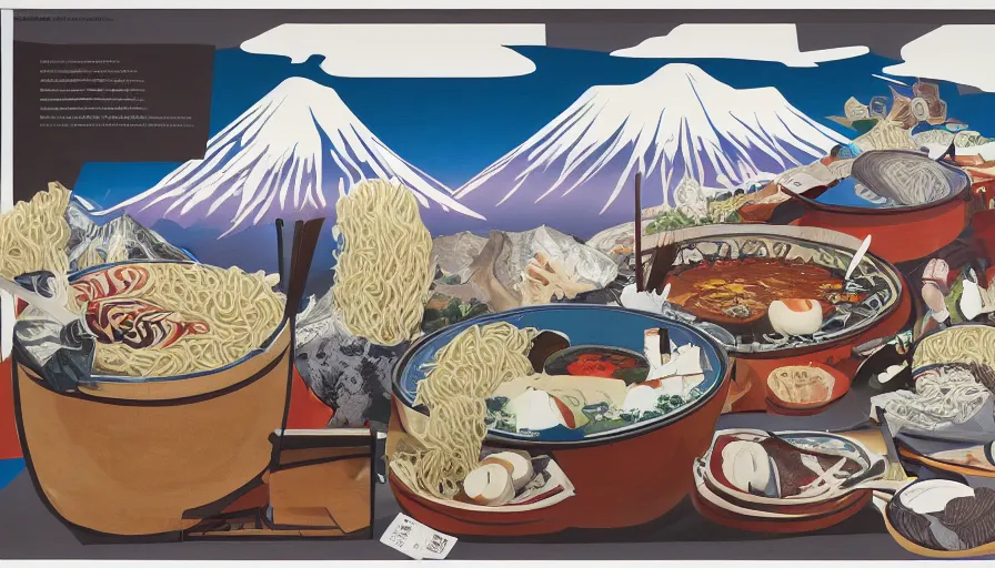 Prompt: award winning graphic design poster advertising an art exhibition, cutouts constructing an contemporary art depicting a colossal tonkotsu ramen bowl massive in the foreground, containing rural splendor and a mountain range isolated on white, a single Mount Fuji in the distant horizon, ramen bowl containing bountiful crafts, local foods, in the style of edgy and eccentric abstract cubist realism, neo-classical painting items composition confined and isolated on white, mixed media painting by Alex Yanes, Leslie David and Lisa Frank, muted colors with minimalism, neon color details