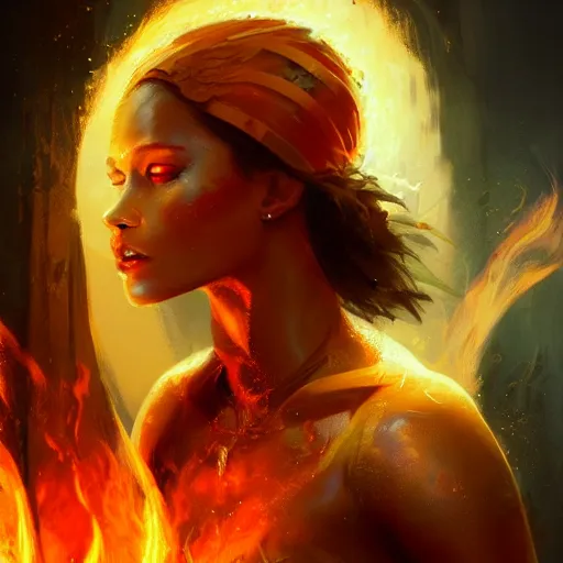 Image similar to a beautiful portrait of a flame goddess by Greg Rutkowski and Raymond Swanland, Trending on Artstation, Flaming Background, ultra realistic digital art