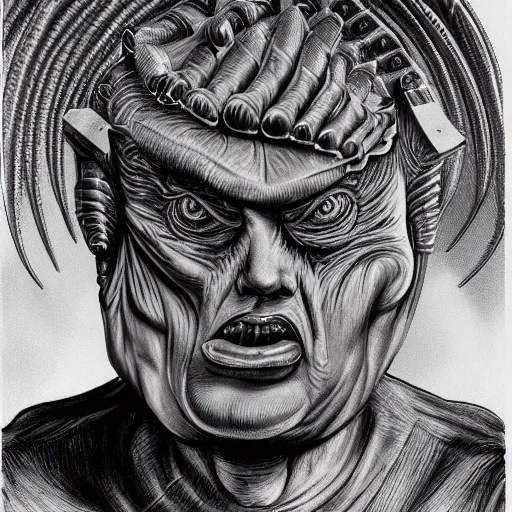 Image similar to Portrait by H.R.Giger of Trump Abomination, photo-realistic, 2K, highly detailed