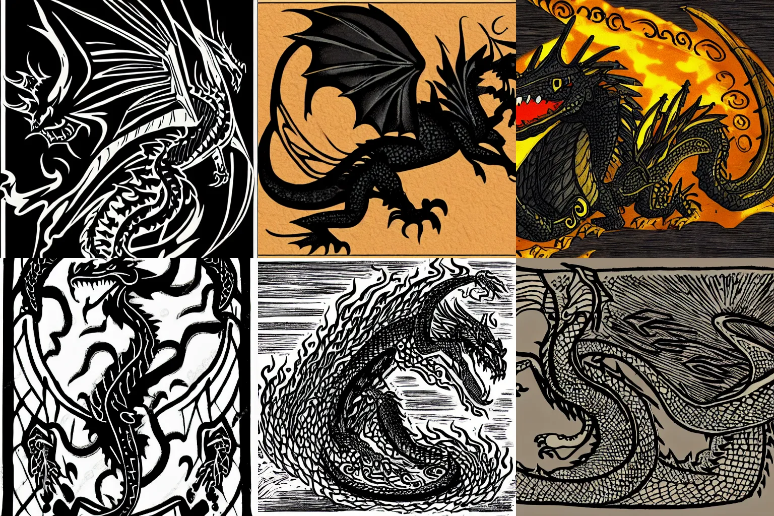 Prompt: A black fire breathing dragon, medieval city, graphical art