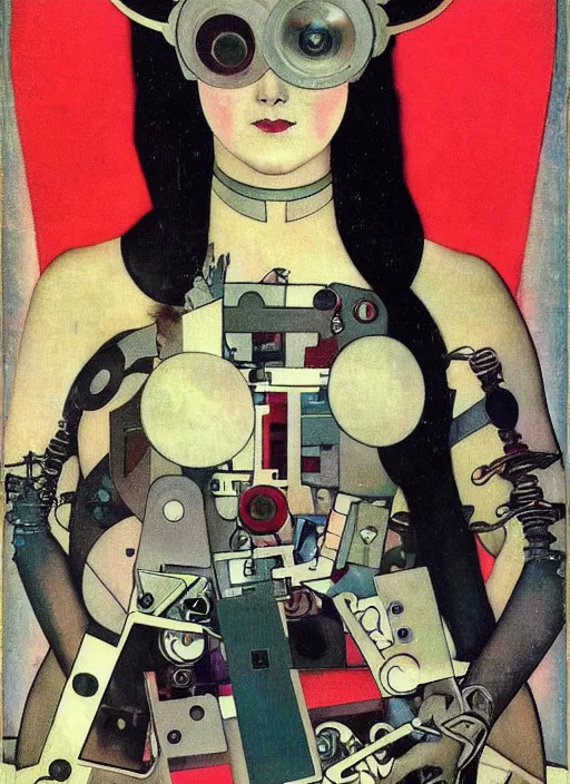 Image similar to cute punk goth fashion fractal tattoed mecha blonde girl wearing a television tube helmet and kimono made of circuits and leds, surreal Dada collage by Man Ray Kurt Schwitters Hannah Höch Alphonse Mucha Beeple