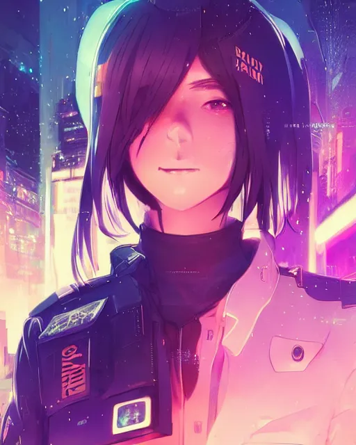 Image similar to anime key visual of a young cat female police officer, neon, cyberpunk, futuristic, stunning, highly detailed, digital painting, artstation, smooth, soft focus, illustration, art by artgerm and greg rutkowski and alphonse mucha