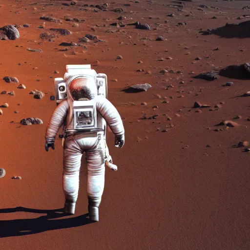 Image similar to ultra realistic photo of an astronaut on Mars walking proudly towards the camera, wide-angle shot, low angle, 4k, 50 mm, synthwave