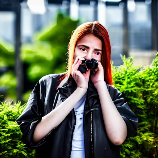 Image similar to candid photographic portrait of a poor techwear mixed young woman smoking inside a dystopian city, closeup, beautiful garden terraces in the background, sigma 85mm f/1.4, 4k, depth of field, high resolution, 4k, 8k, hd, full color