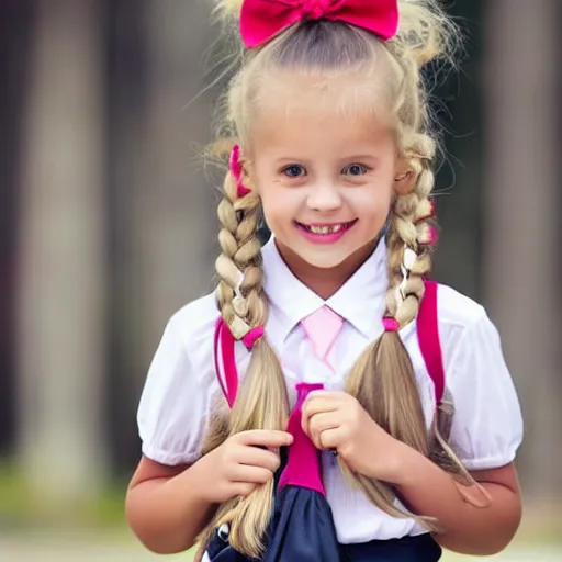 Image similar to beautiful girl, blonde hair in pigtails, with ribbons, schoolgirl uniform with tie, carrying a large backpack