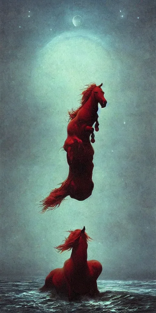 Prompt: a red demon horse falls off a cliff and into the ocean under the moonlight, beksinski, dariusz zawadzki, surreal, ethereal
