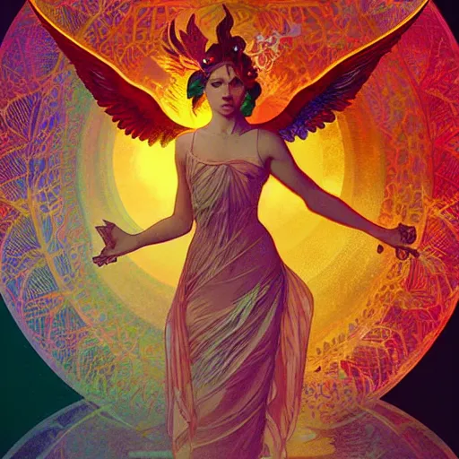 Image similar to the solarpunk phoenix, red bird, volumetric light, bokeh, painting by greg rutkowski by alphonse mucha