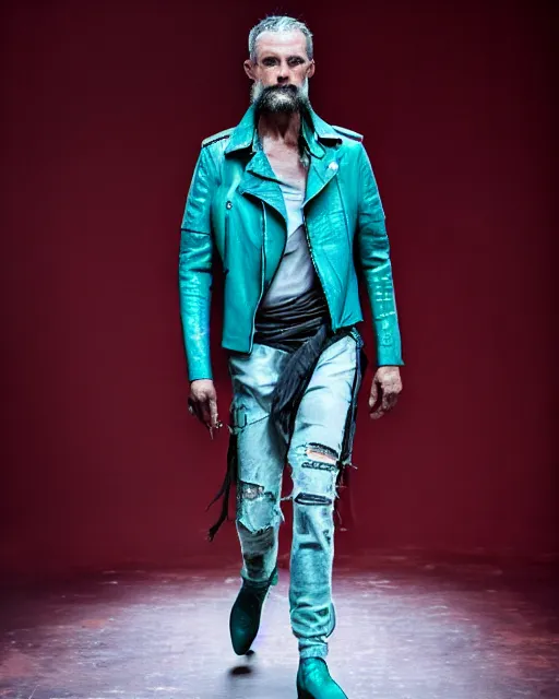 Prompt: an award - winning photo of an ancient male model wearing a plain cropped baggy teal distressed pirate designer menswear leather jacket designed by alexander mcqueen, 4 k, studio lighting, wide angle lens