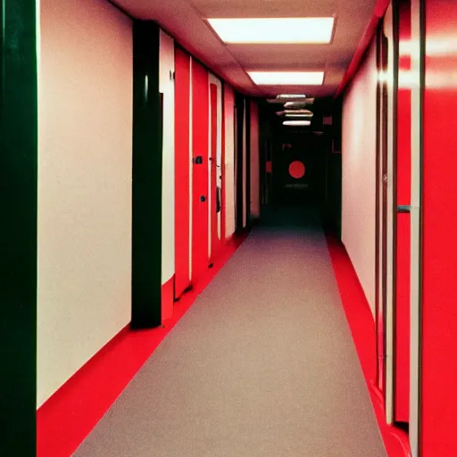 Prompt: noisy color photograph of a retrofuturist modern liminal space, laboratory, prison, red lights, automatic doors, minimalist, cinematic, soft vintage glow