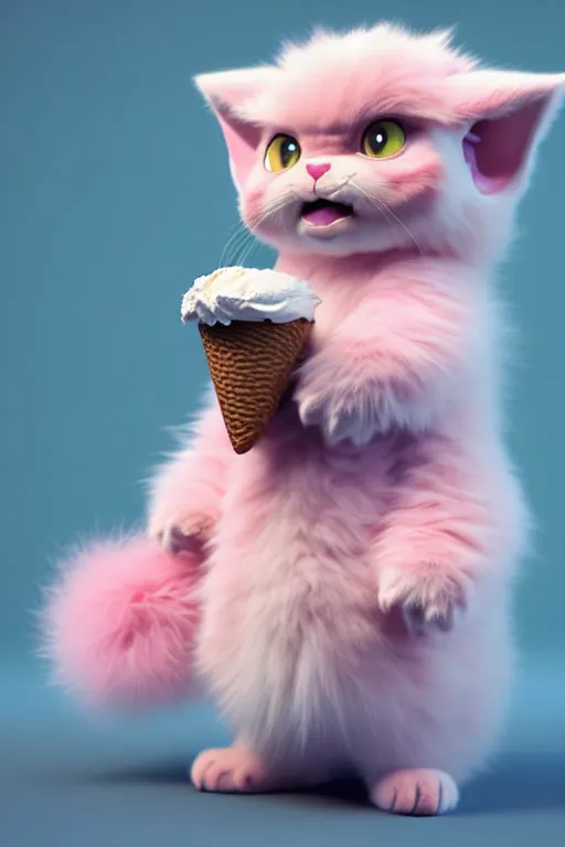 Image similar to high quality 3 d render hyperrealist very cute pastel fluffy! grumpy gargoyle cat hybrid eating giant ice cream full body, vray smooth, in the style of detective pikachu, hannah yata charlie immer, dramatic pink light, low angle, uhd 8 k, sharp focus