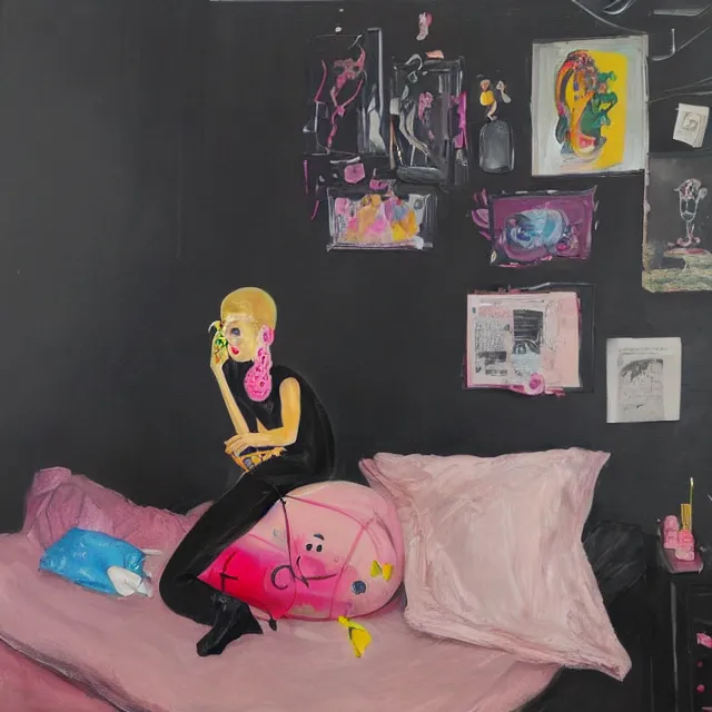 Image similar to a portrait in a female artist's bedroom, black walls, emo girl riding an inflatable pig, sheet music, berries, surgical supplies, pancakes, black flowers, sensual, octopus, neo - expressionism, surrealism, acrylic and spray paint and oilstick on canvas