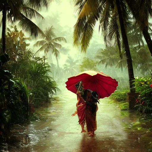 Image similar to monsoon on tropical island, ornate, beautiful, atmosphere, vibe, mist, coconuts, rain, wet, pristine, puddles, melting, dripping, snow, creek, lush, ice, bridge, forest, roses, flowers, by stanley artgerm lau, greg rutkowski, thomas kindkade, alphonse mucha, loish, norman rockwell