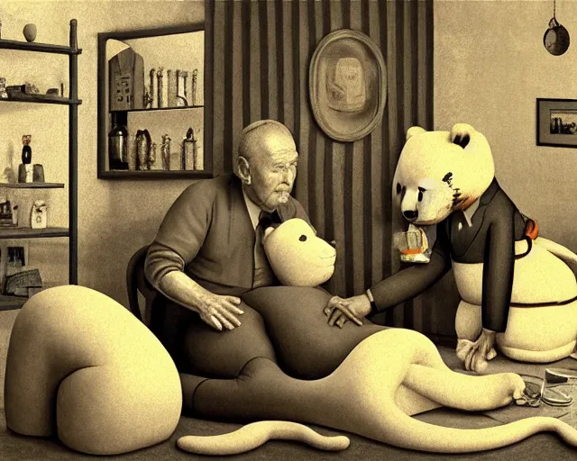 Image similar to the famous snake oil salesman Uncle Aloysius curing a patient of 🐻🐻🐻, painting by Grant Wood, 3D rendering by Beeple, sketch by R. Crumb