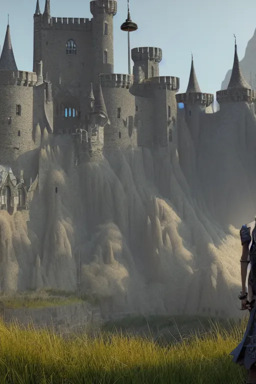 Image similar to a person standing in front of a castle, a detailed matte painting by senior environment artist, cgsociety contest winner, baroque, rendered in unreal engine, unreal engine 5, CryEngine