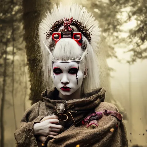 Prompt: albino geisha warrior ornated viking armor pagan makeup in the woods, detailed, smokey background, jewelry, sakura,photograph, award wining, red and white, trending on artstation, punk attitude, 4k, unreal engine 5, octane render, neon highlights